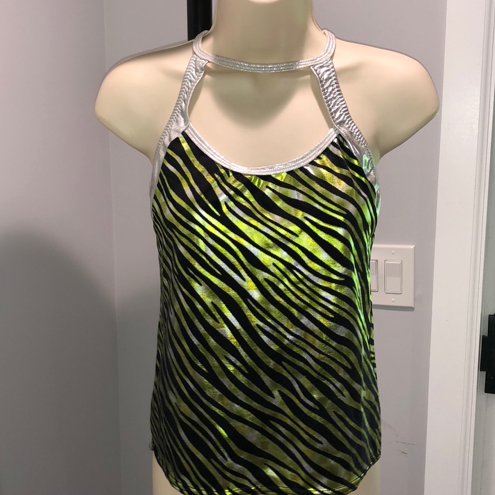 NEW Curtain Call Costumes Tiger lime green silver black dance /exercise top